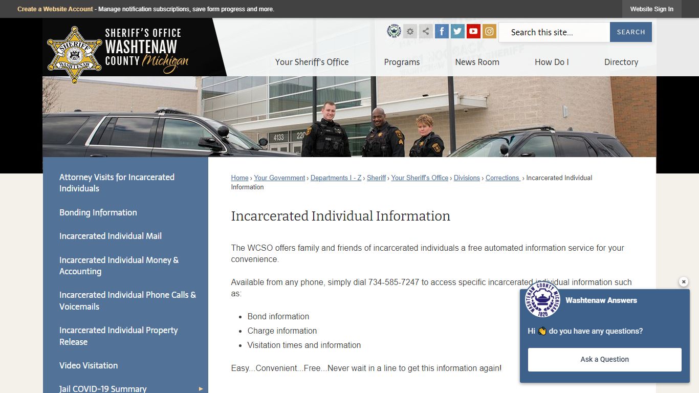 Incarcerated Individual Information | Washtenaw County, MI